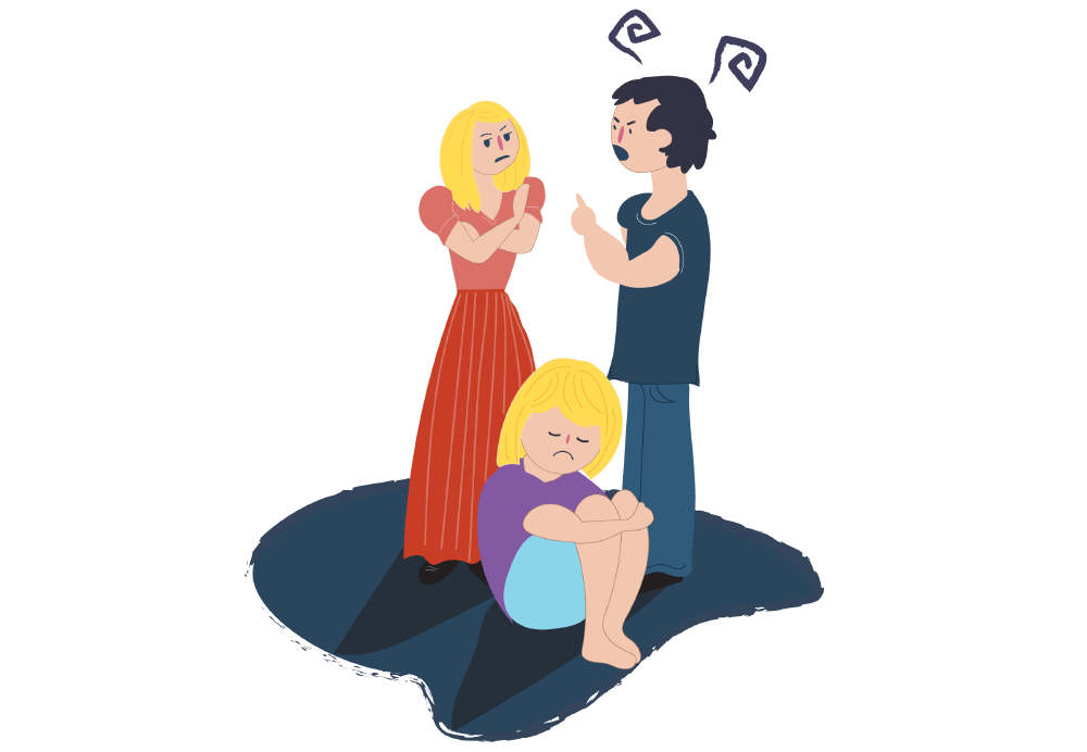 Illustration of three people. Two parents stand facing each other with raised arms and pointing gestures. One child, who is sad, sits on the floor nearby with knees drawn up. The background is dark with abstract shapes.