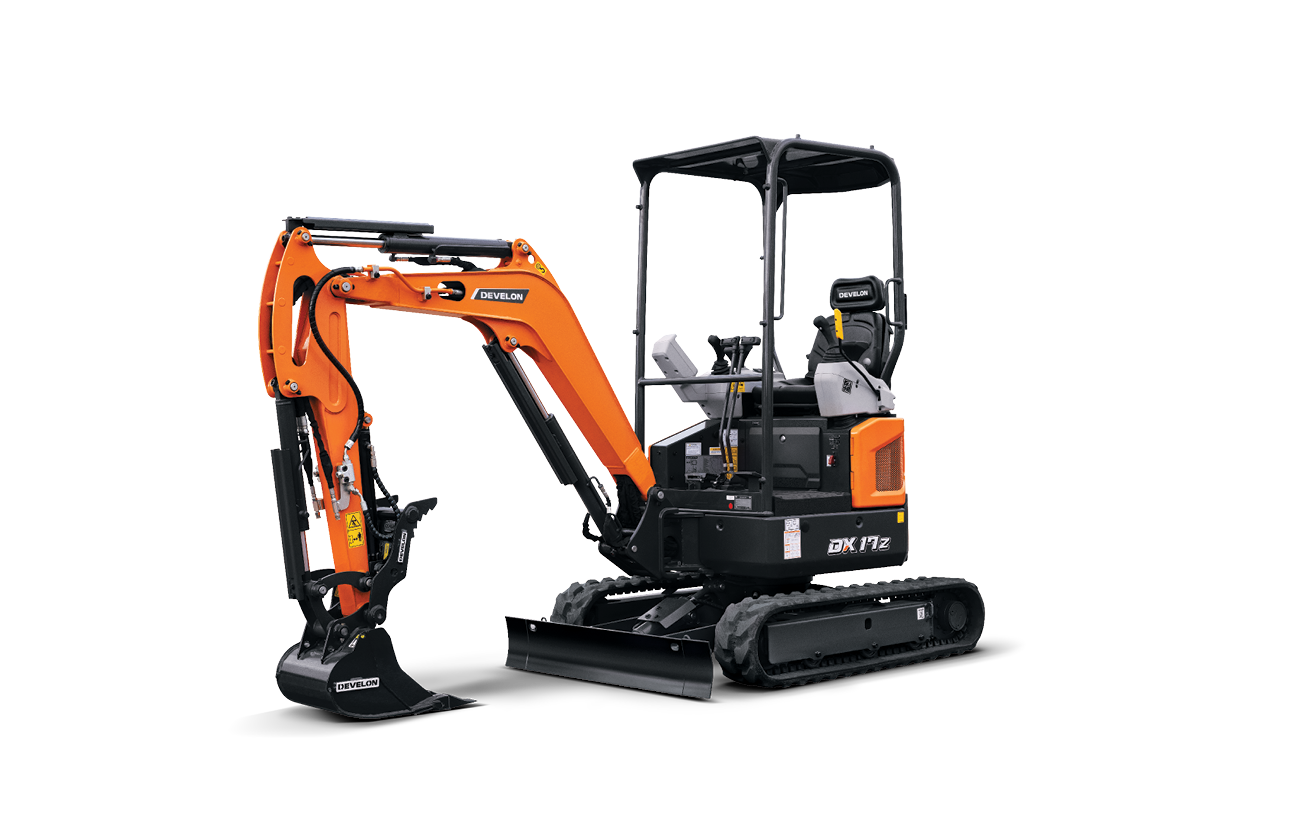 Cut out background of the DEVELON 4200-lb class (1.9-ton) DX17Z-7 mini (compact) excavator with a 16 hp engine.