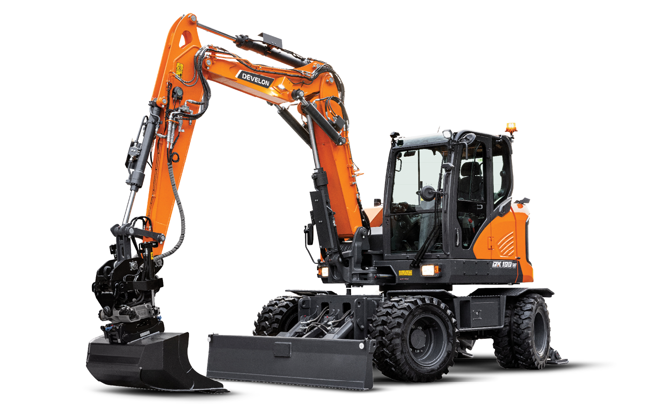 Cut out background of DEVELON DX100W-7 Mini (Compact) Wheeled Excavator.