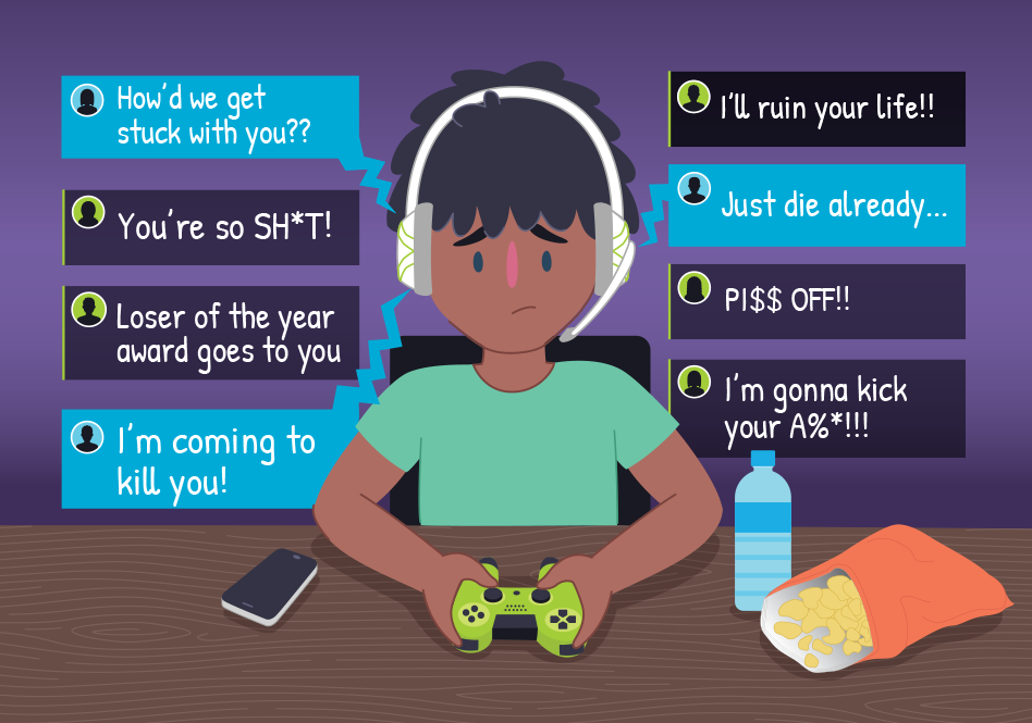 An illustrated person wearing headphones and holding a game controller, surrounded by on‑screen message bubbles containing insults and threats.
