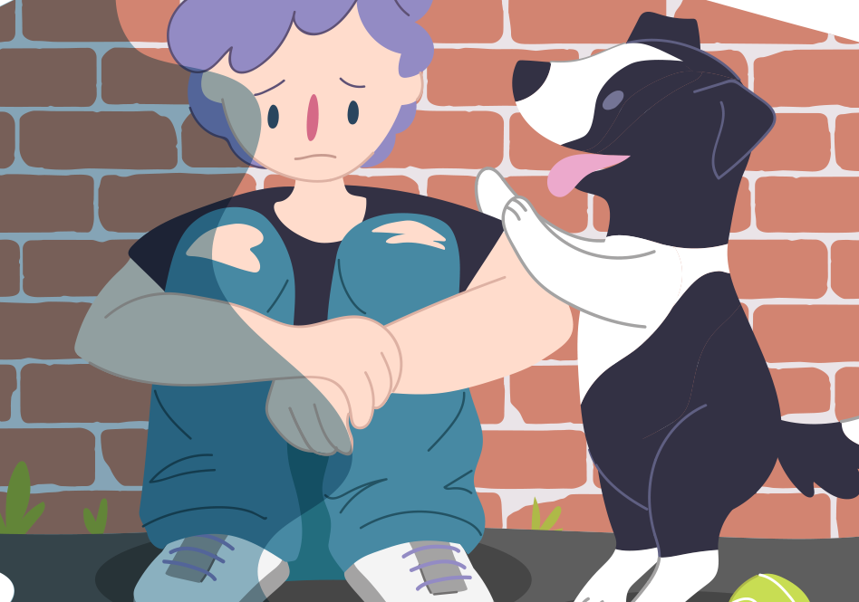 A young teen sitting sadly by themselves. A dog is trying to cheer them up and lick their face.