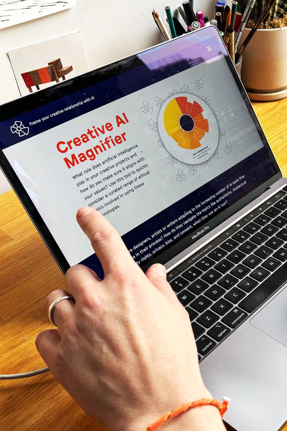 A hand pointing to an interface designed to inform users about the features and impacts of AI tools.
