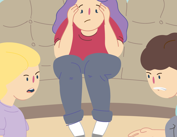 Girl and boy arguing on carpet while overwhelmed mother sits in between on couch