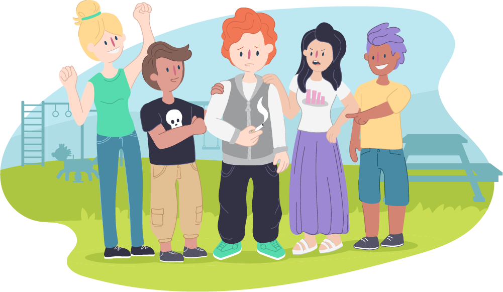 Illustration of a group of five people standing together outdoors on grass. One person stands in the centre holding a cigarette while others rally or cheer. Playground equipment and a bench are visible in the background.