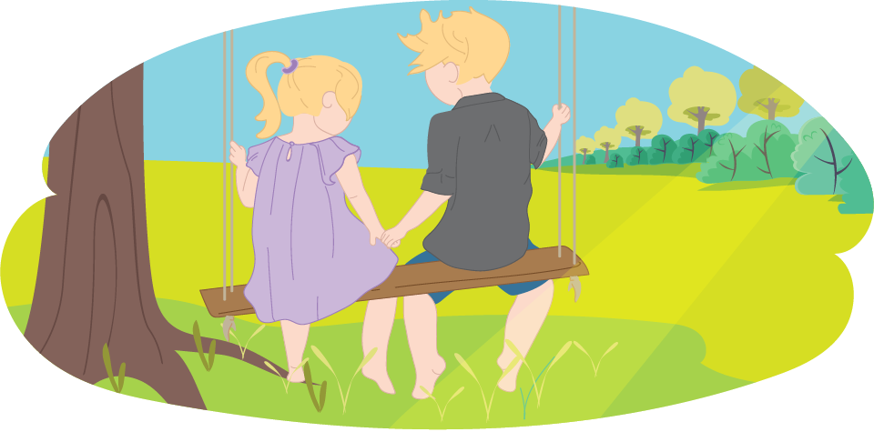 Illustration of two children sitting on a swing outdoors, holding hands and facing away.