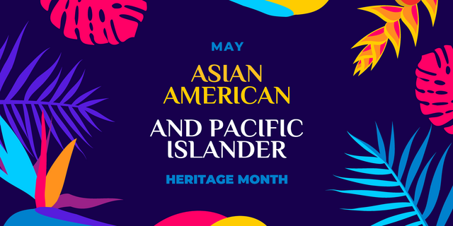 Asian american, native hawaiian and pacific islander heritage month. Vector banner for social media. Illustration with text and hibiscus. Asian Pacific American Heritage Month on blue background