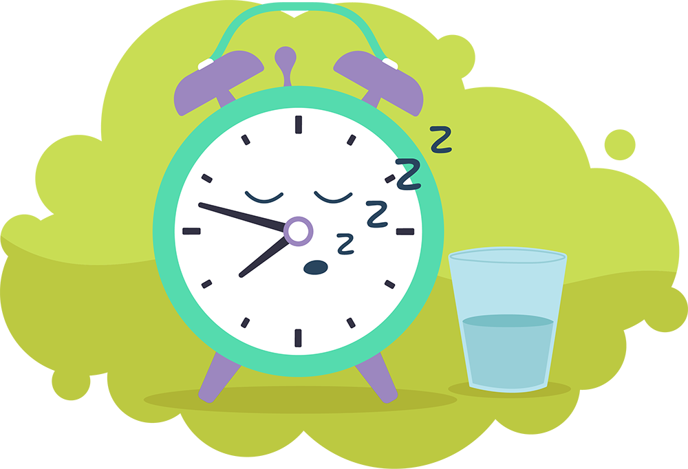 Illustration of an alarm clock with closed eyes and sleep symbols beside it. A glass of water sits nearby on a green background.