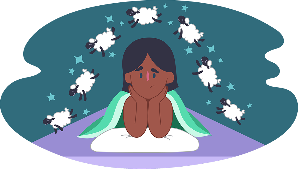 Illustration of a person lying awake on a pillow with a blanket around them. Several sheep appear floating above on a dark background.