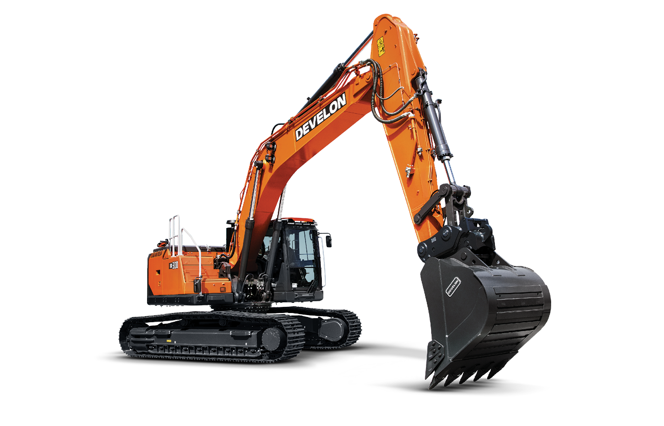 A DEVELON DX300LC-9 crawler excavator paired with a bucket.