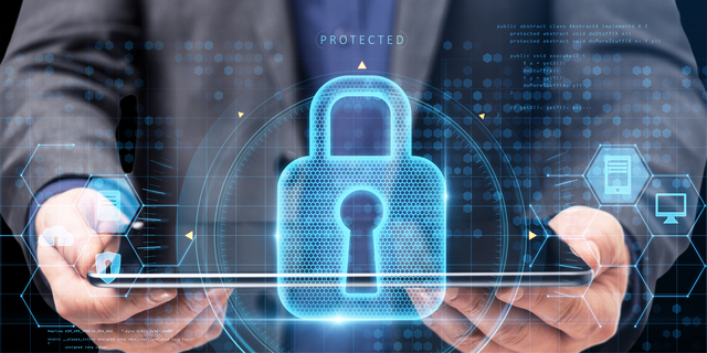 Close up of businessman hand holding tablet with abstract glowing keyhole padlock interface on blurry background. Protection, safety and technology concept. Double exposure.