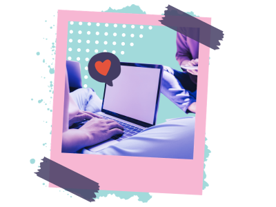 A polaroid of someone typing on a laptop with a heart reaction popping out. In the background, another person is typing on a phone.