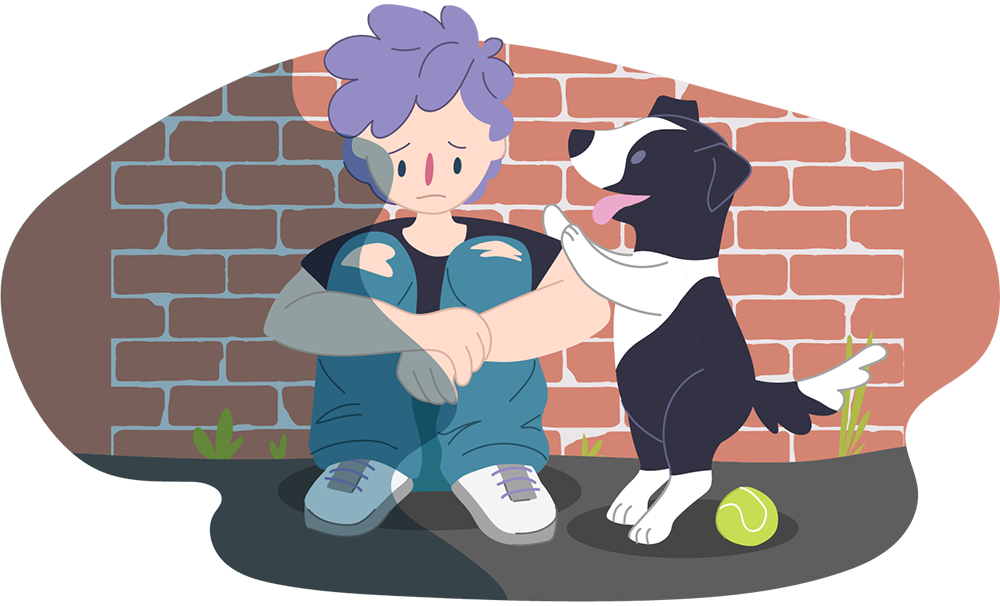 An illustration of a person sitting on the ground against a brick wall looking sad, with a dog standing beside them and lifting one paw; a tennis ball lies on the ground nearby.