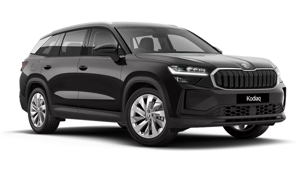 A black Škoda Kodiaq SUV displayed on a transparent background. The vehicle features a bold front grille, sleek LED headlights, and a sculpted body design with chrome accents. It’s a modern, spacious family car designed for comfort, safety, and versatility on the road.