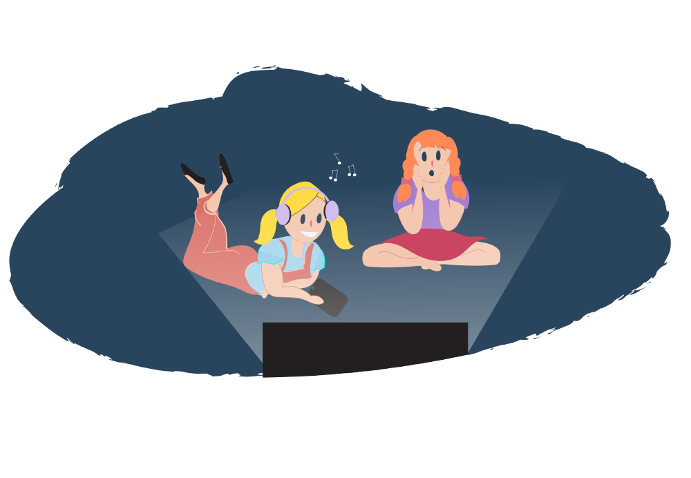 Two girls sitting in front of a screen, with one wearing headphones listening to music smiling and another covering their ears looking shocked.