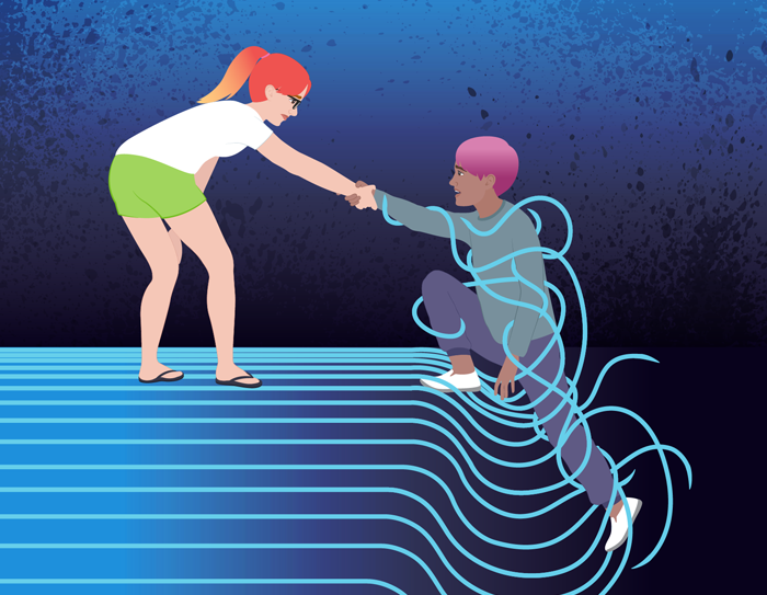 A young woman helping a young man climb out of a tangled mess of lines.