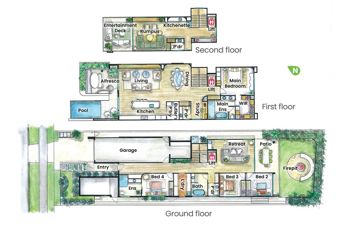 A rendered floorplan of a three level home with labels.