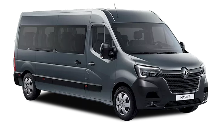 Front-side view of a dark grey Renault Master minibus, with extended body length and large passenger windows, designed for group or accessible transport.