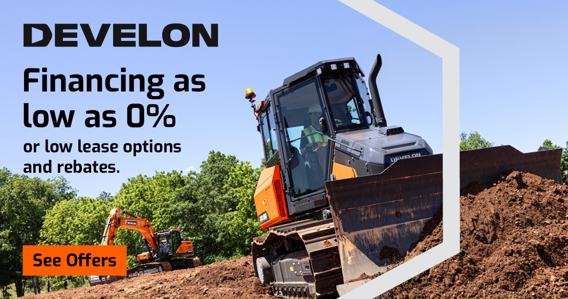 A DEVELON crawler excavator and dozer working on a job site with the financing as low as 0% header.