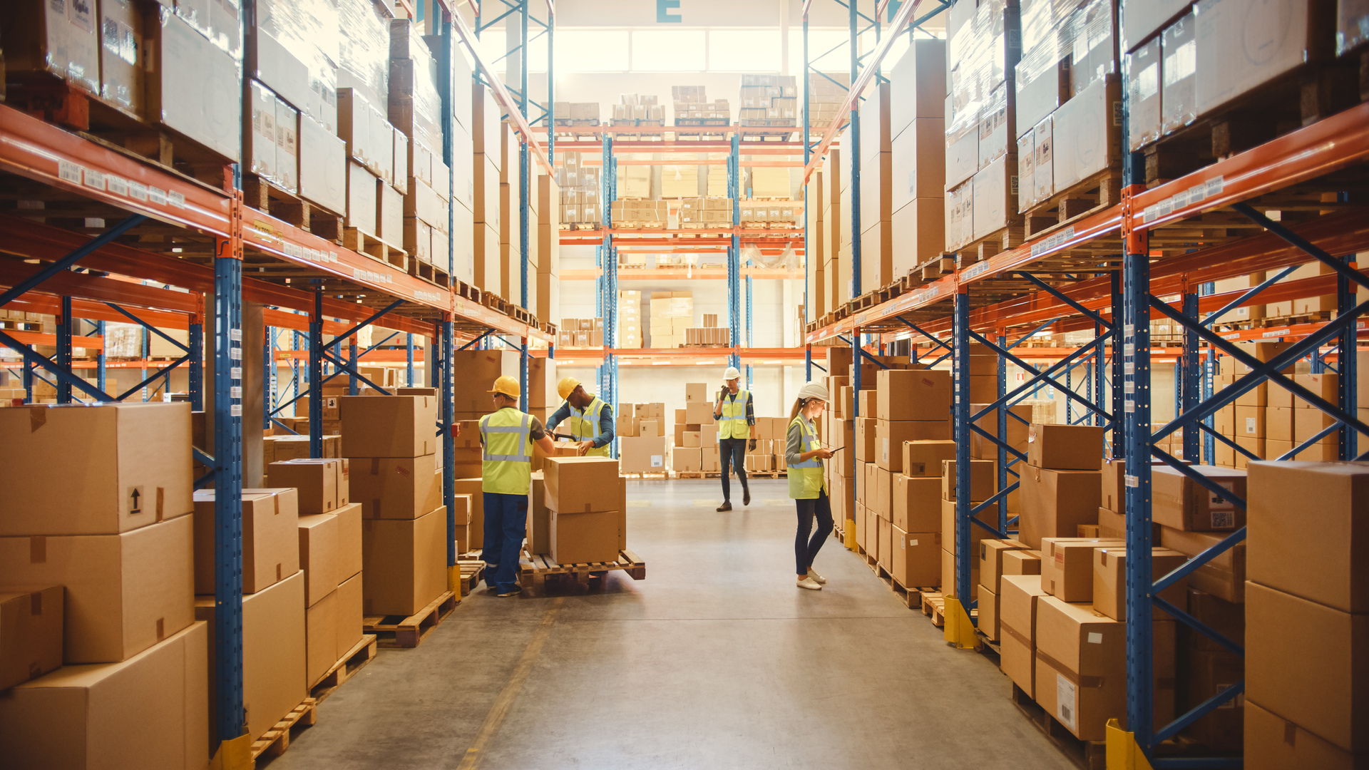 Retail Warehouse full of Shelves with Goods in Cardboard Boxes, Workers Scan and Sort Packages, Move Inventory with Pallet Trucks and Forklifts. Product Distribution Delivery Center.