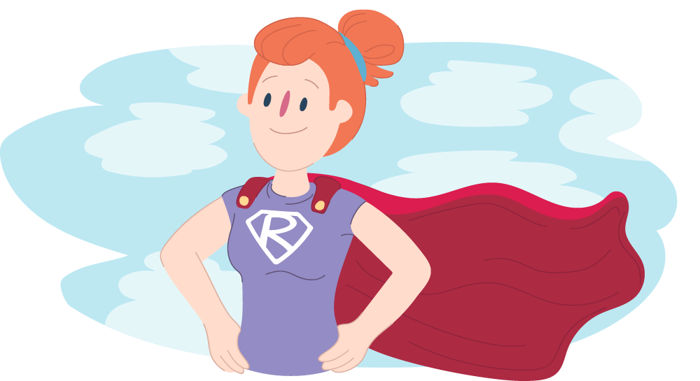 An illustrated person standing with hands on hips, wearing a cape and a top with a letter “R”, against a sky background.