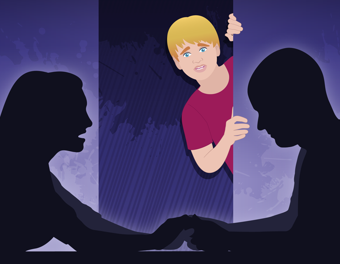 A young person peeks through a door. In front of them are the silhouettes of their parents holding hands with their heads down.