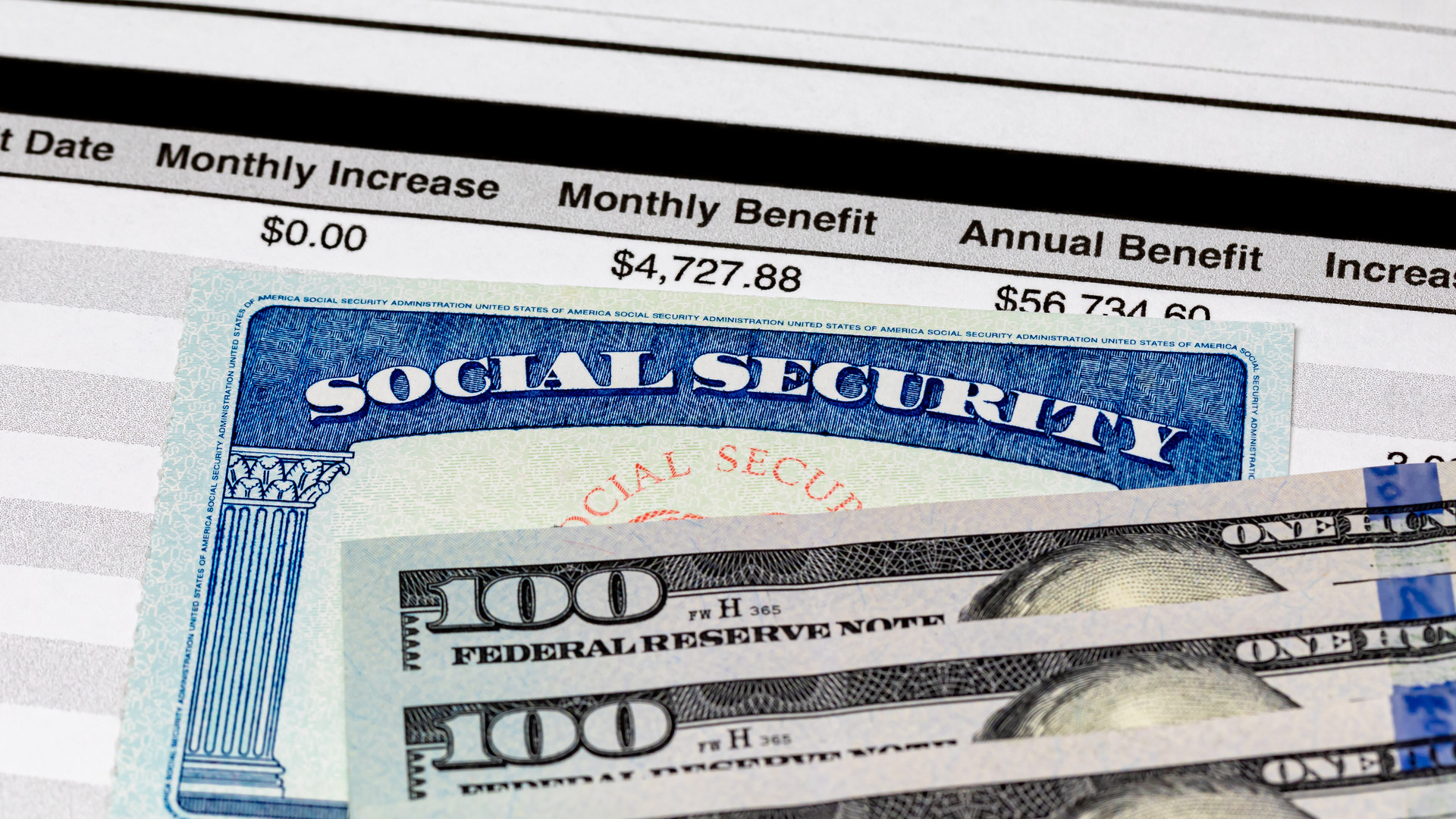 Social Security Card, benefits statement and 100 dollar bills. Social security funding, payment, retirement and federal government benefits concept