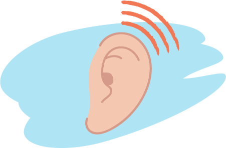 Illustration of an ear with curved lines beside it, shown against an abstract background.