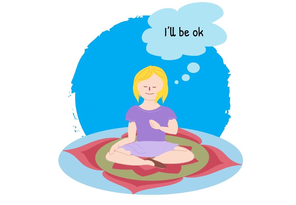 Animation of a child sitting cross‑legged with a thought bubble saying, “I’ll be ok”.