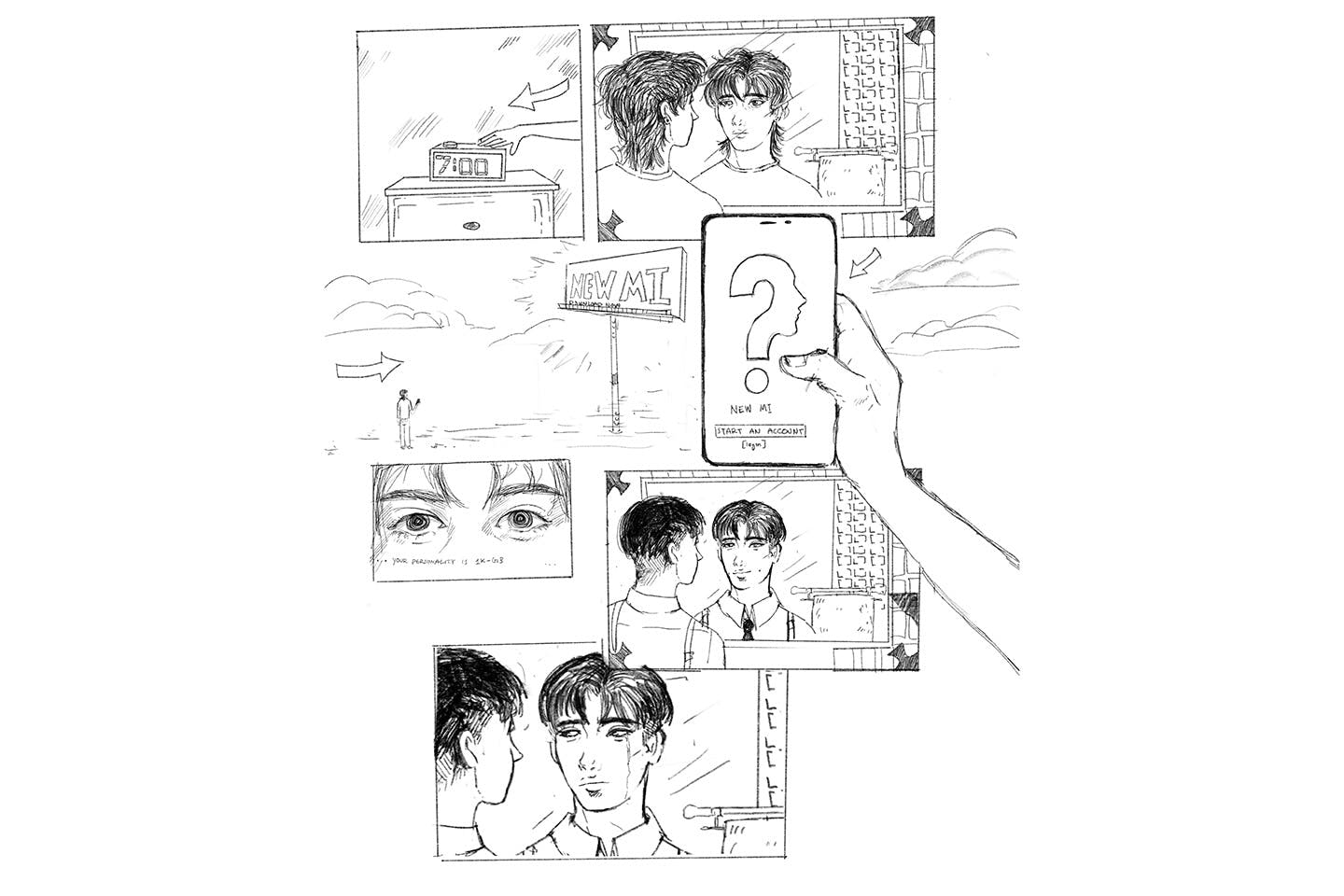 A multi-frame storyboard illustration depicting Gale Fassbender’s visual narrative portrait of a digital, app-driven future.