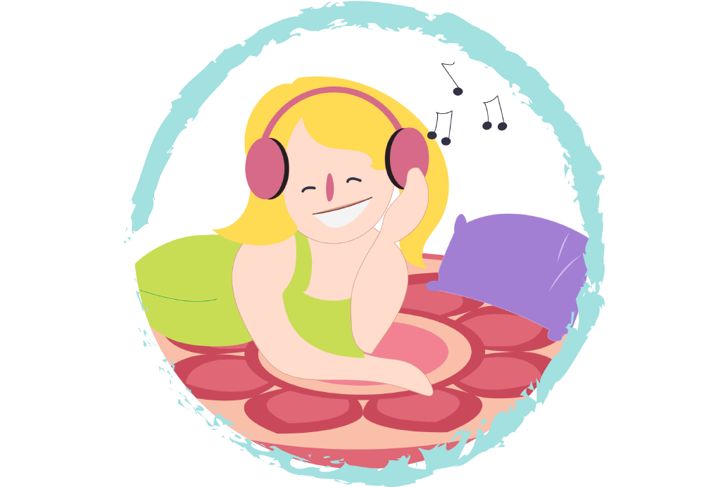 A girl lying on her bed and smiling while listening to music with headphones.