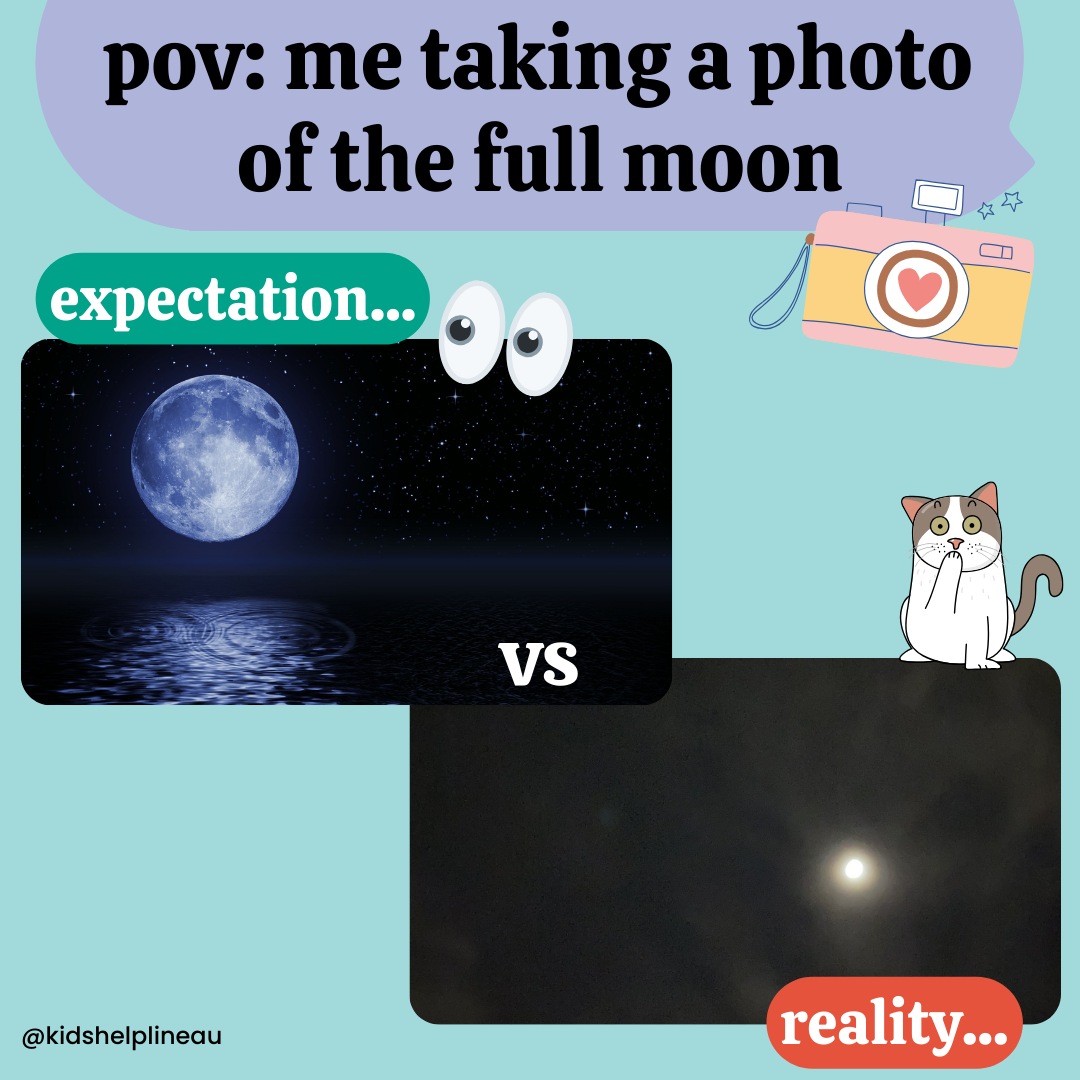 Meme‑style illustration and photo with the text &ldquo;pov: me taking a photo of the full moon&rdquo;. The left side shows an image of a bright full moon reflected on water with the word &ldquo;expectation&hellip;&rdquo;. The right side shows a small blurry moon in a dark sky with the word &ldquo;reality&hellip;&rdquo;. Decorative icons include eyes, a camera, and a cartoon cat.