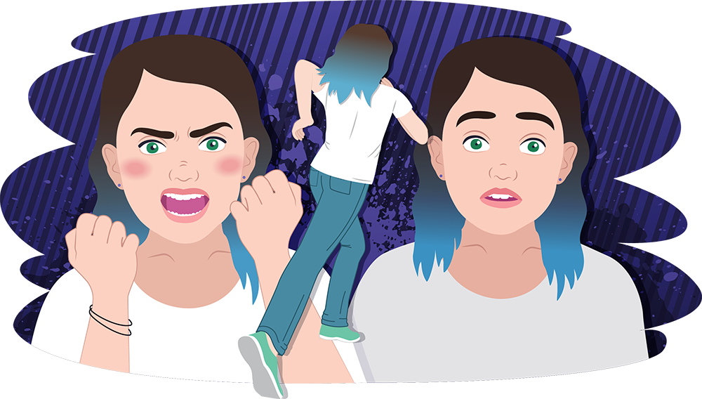 Illustration showing three versions of the same person. In the centre, the person is walking away. On one side, the person is shown with raised fists and an open mouth. On the other side, the person stands facing forward. The background is dark with textured patterns.