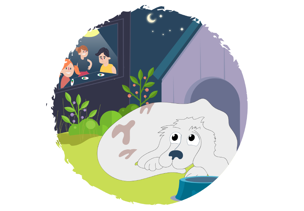 A dog lying by doghouse outside at night while people are visible through a window inside a house.