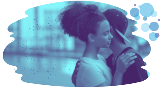 A photo of two people embracing, shown within a blue graphic frame with circular design elements.