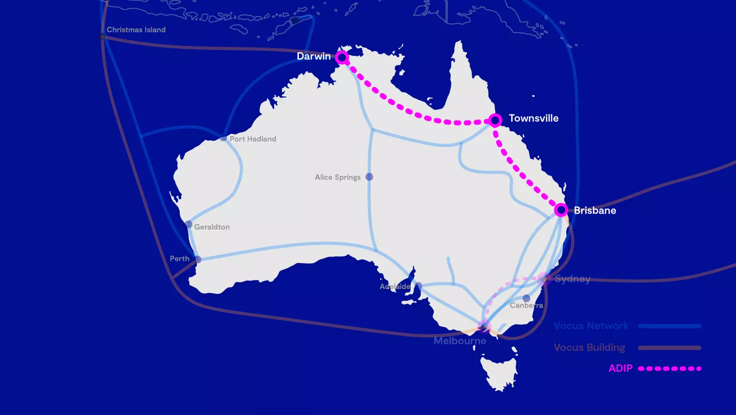 Map of Australia showing planned ADIP routes, including the proposed extensions connecting Brisbane, Townsville and Darwin.