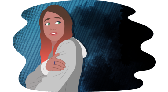 Illustration of a girl standing with arms crossed over their body, looking over one shoulder. A large dark shadow shape fills the background behind them, with layered blue textures on the left side.
