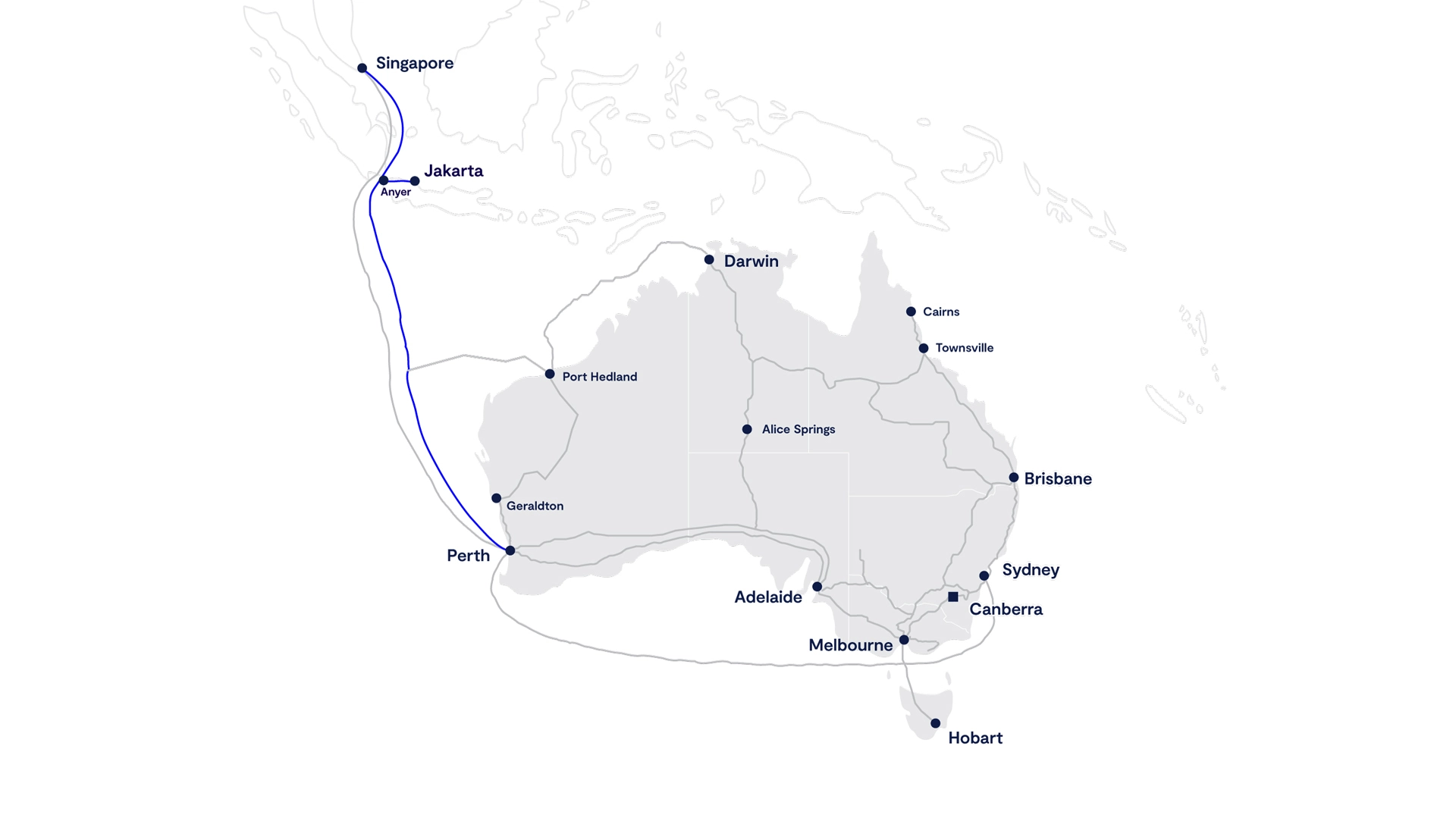 This image is a map showing the route of the Vocus submarine cable system connecting various locations in Australia to Singapore and Jakarta. The cable starts from Perth, travels north to Geraldton, Port Hedland, and Darwin, then extends to Singapore with a branch to Anyer near Jakarta. The map also highlights major Australian cities such as Adelaide, Melbourne, Sydney, Canberra, Brisbane, Townsville, Cairns, Alice Springs, and Hobart. This image is relevant as it illustrates the connectivity infrastructure between Australia and Southeast Asia.