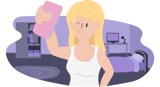 An illustrated person holding a mobile phone up at arm’s length taking a photo in a bedroom, with a bed, desk, and wardrobe visible in the background.
