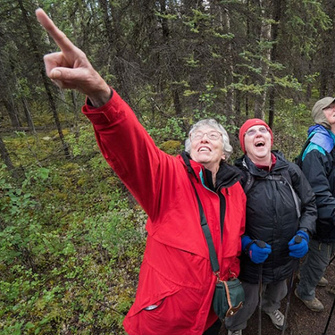 A group of Alaska national park participants explore an ancient forest trail, looking up as a woman in a red jacket points toward the trees.