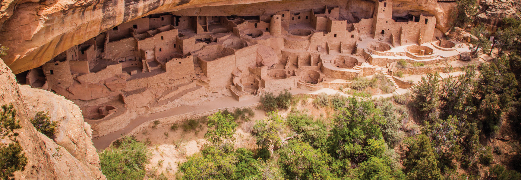 Ancient Puebloan cliff dwellings built into a large rock alcove above a lush green forest in the American Southwest.