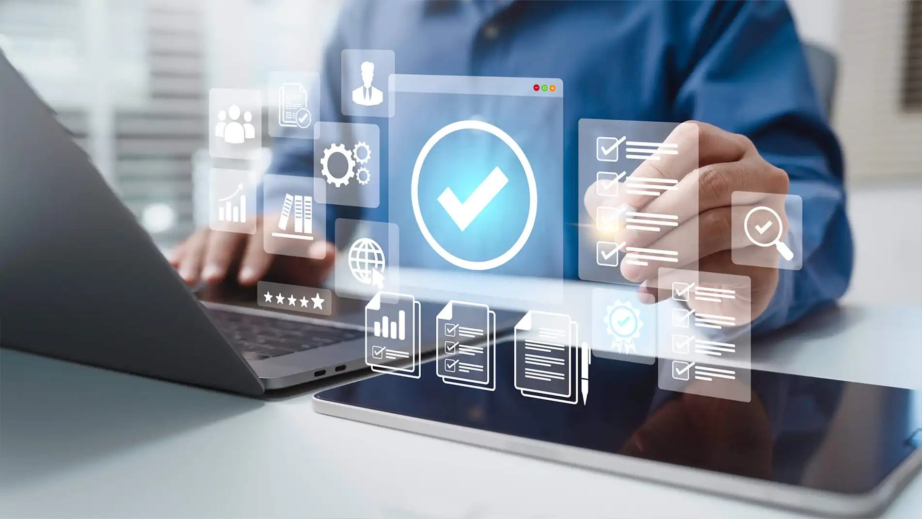 Image of a man and laptop computer with abstract data.