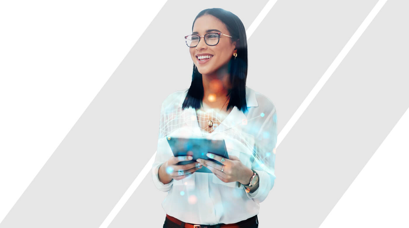 1398x782_EmpoweredAssociate.jpg Image of a woman wearing glasses holding an electronic tablet.