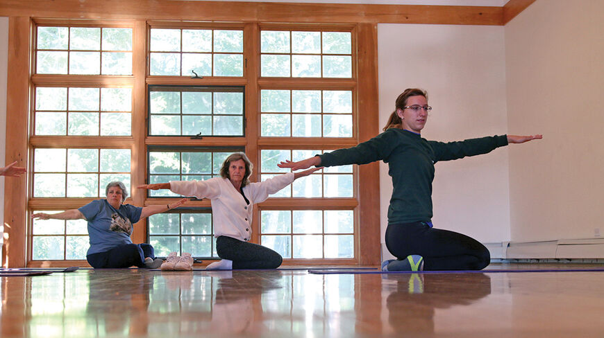 Participants practice yoga postures in a sunlit room during a Yoga for Wellness and Daily Living retreat in North Carolina.