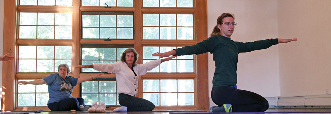 Participants practice yoga postures in a sunlit room during a Yoga for Wellness and Daily Living retreat in North Carolina.