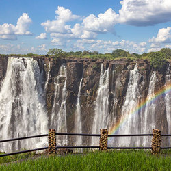 A wide, scenic view of Victoria Falls in Africa, with a bright rainbow arching through the mist in front of the cascading water.