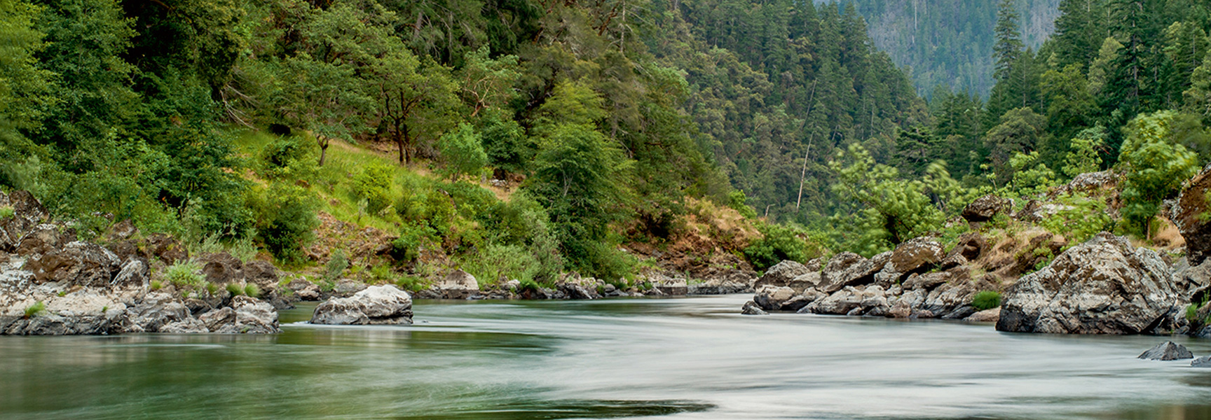 The Rogue River flows through a lush, tree-covered canyon with rocky banks in Oregon.