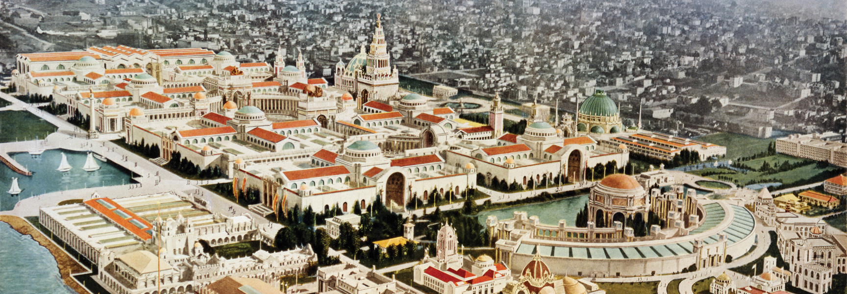 An illustrated, aerial view of the 1915 Panama-Pacific International Exposition in San Francisco showing its grand buildings and the surrounding cityscape.