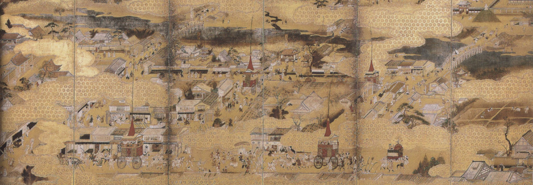 A detailed Japanese folding screen painting depicting daily life in historic Kyoto, showing numerous people and buildings set against a golden background.