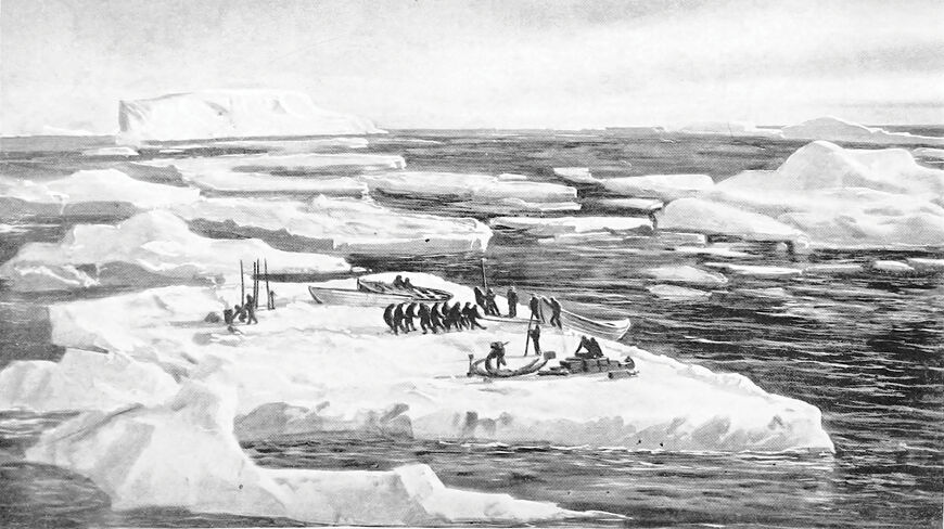 A group of explorers pull a boat across an ice floe in a vast, icy sea filled with icebergs.