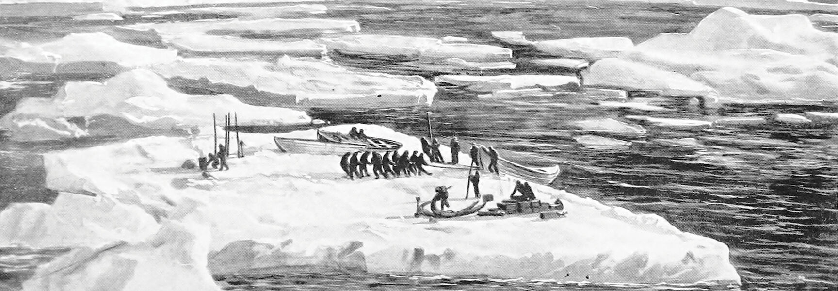A group of explorers pull a boat across an ice floe in a vast, icy sea filled with icebergs.